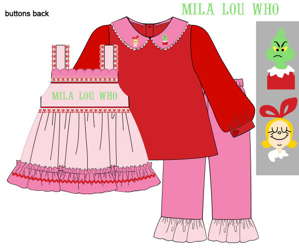 Children's outfit with red top, pink dress, and pink pants labeled 'Mila Lou Who' on a white background.