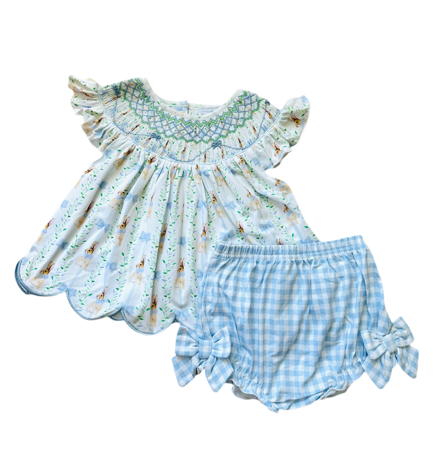 Smocked Bunny and Bow Blue Set