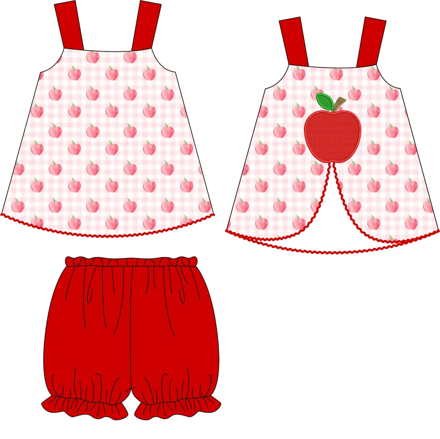 Back To School Bloomer Set in soft knit (95% cotton, 5% spandex), matching top and bloomers with apple appliqué on the back, comfortable school outfit for girls.
