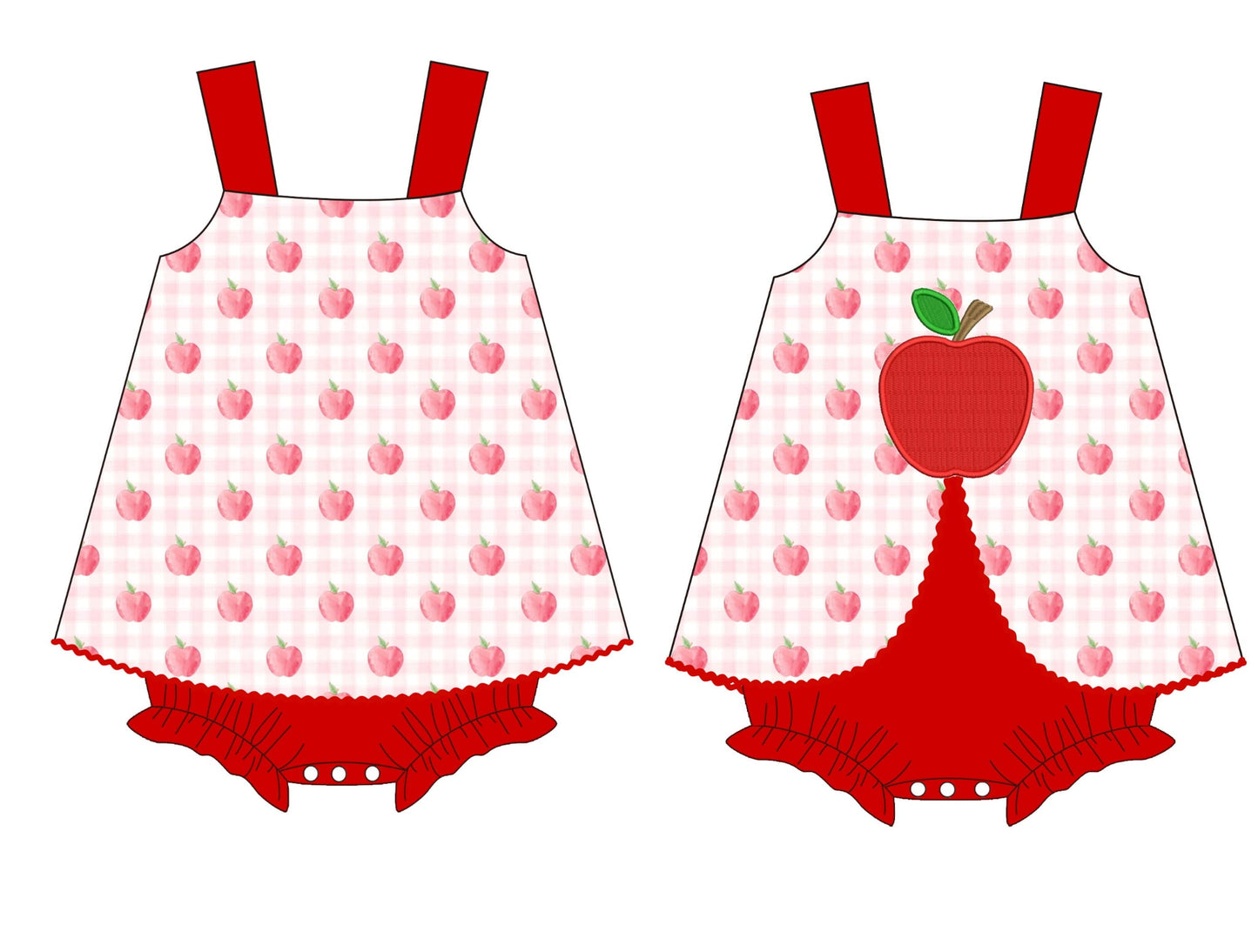 Back To School Skirted Bubble in soft knit fabric, 95% cotton 5% spandex, with a cute apple appliqué on the back, girls school outfit.