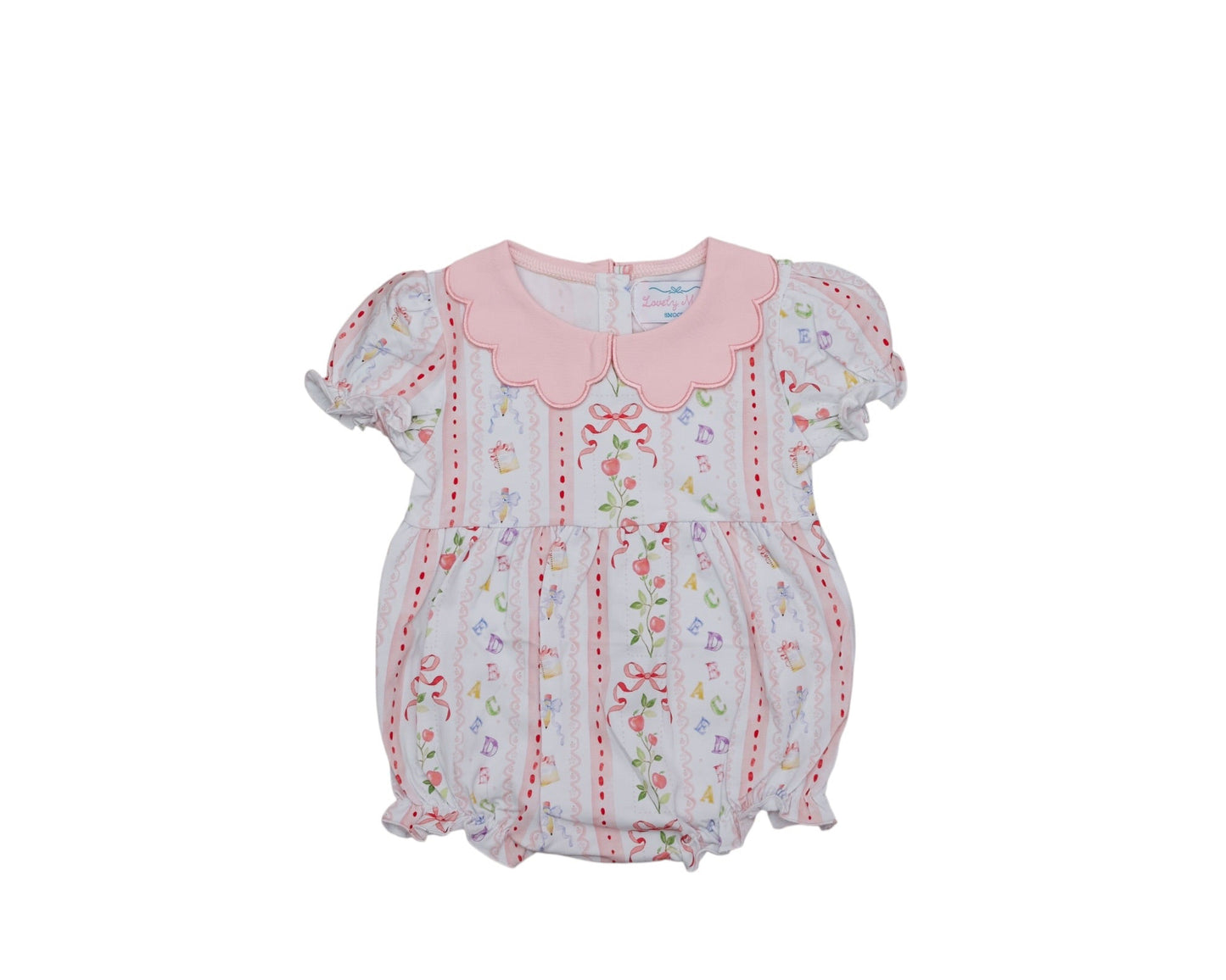 Baby romper with floral pattern and pink collar on a white background