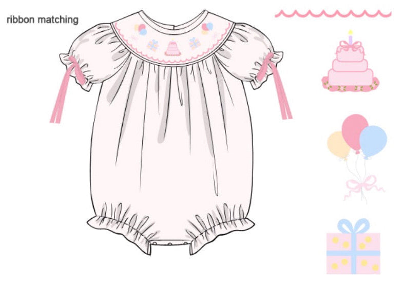 Baby romper with embroidered details and ribbon matching icons on a white background
