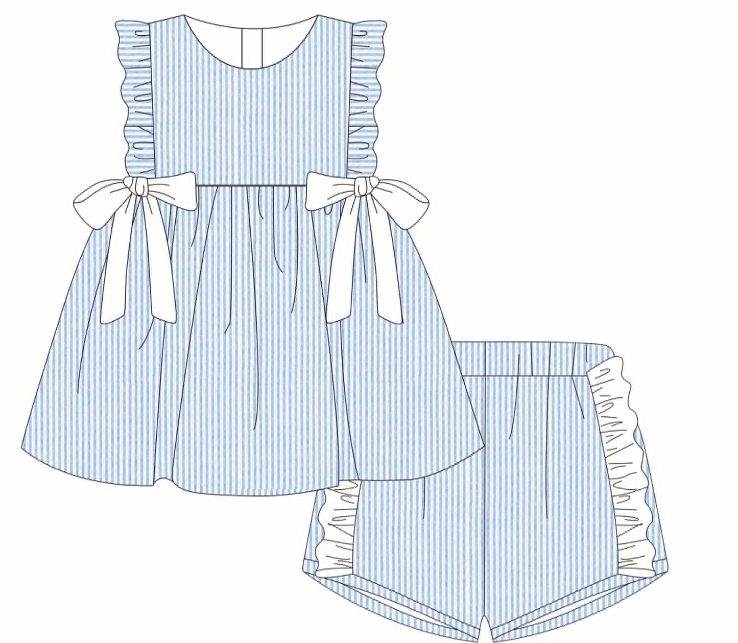 Blue seersucker dress 100% cotton for babies and children