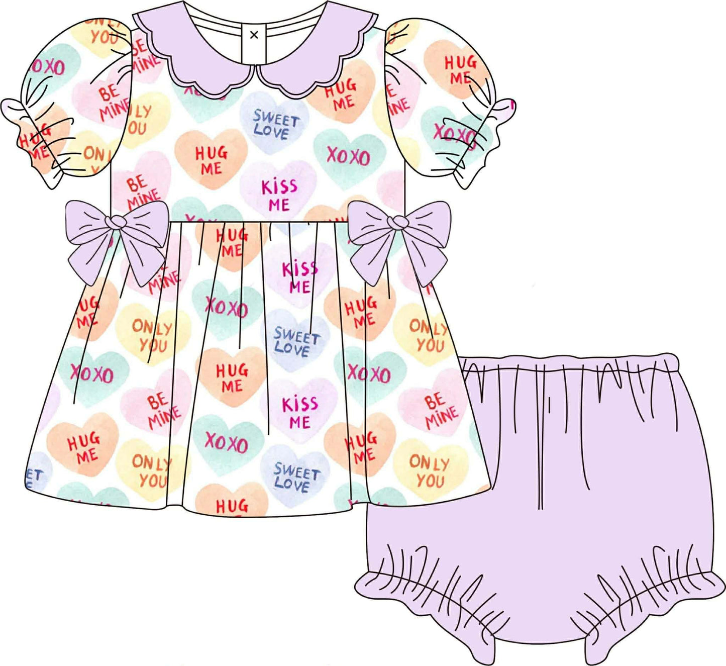 Conversation Candy Hearts Diaper Set for girls in woven fabric, perfect for Valentine’s Day. A sweet outfit ideal for photos and special moments.