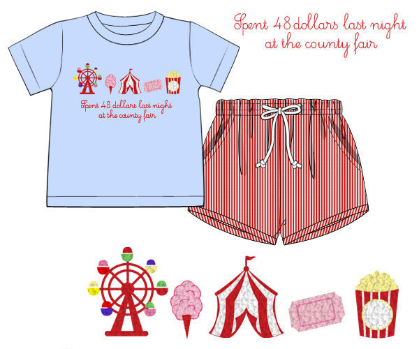 Light blue t-shirt with red text and red shorts on a white background with carnival icons.