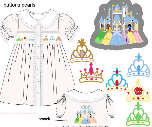 A product listing graphic showing a children's dress mockup with embroidered crown motifs, plus several crown and castle illustration options. Text reads 'buttons pearls' and 'custom woven-r136 smock', with a red code at the bottom.