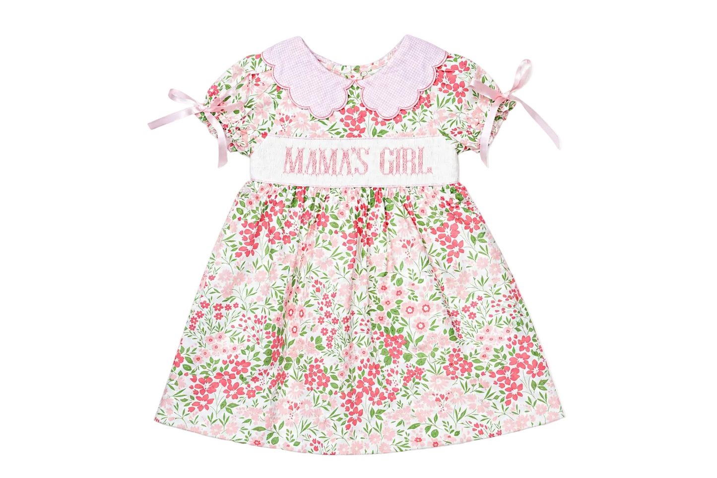 Floral dress with 'Mama's Girl' text on a white background