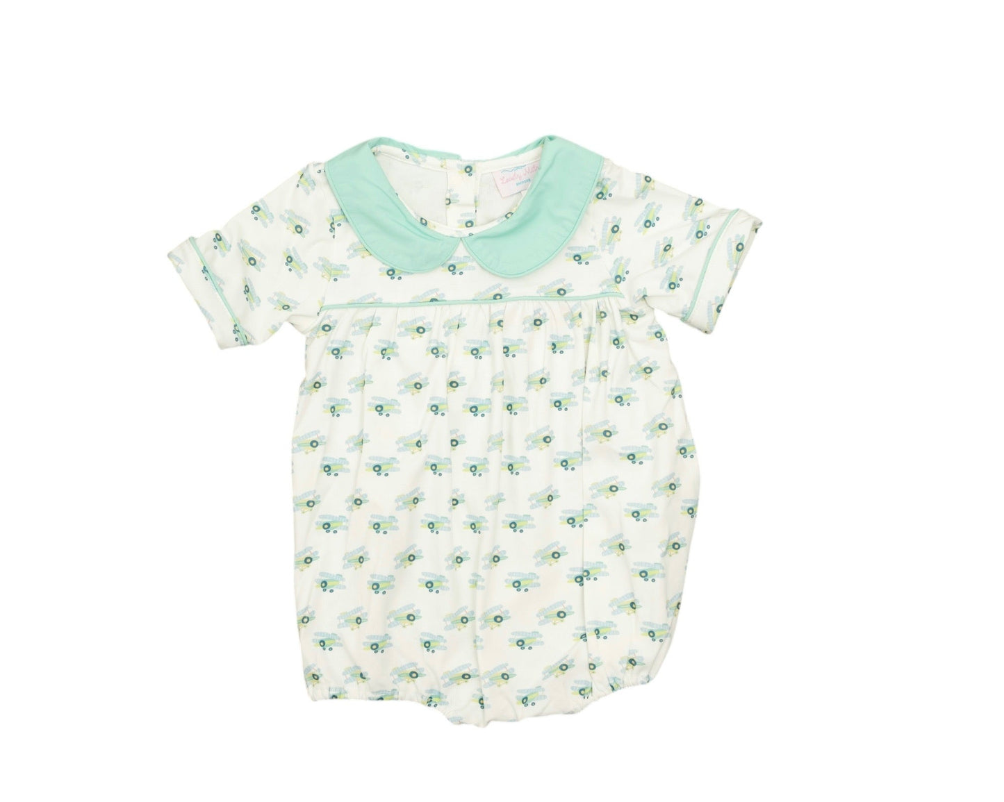 Baby romper with floral pattern and green collar on a white background