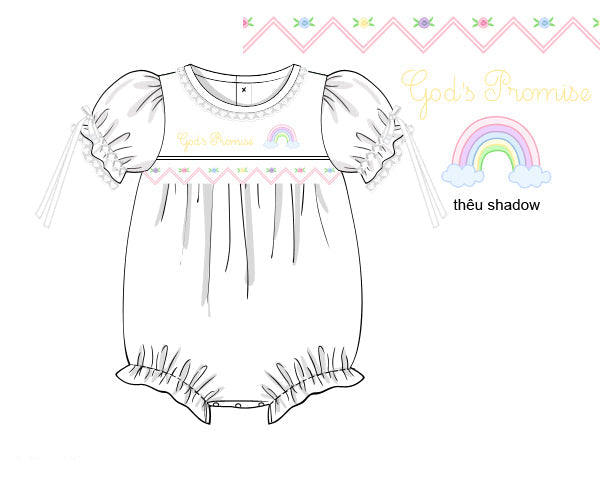 God’s Promise Bubble in white cotton with rainbow shadow embroidery and hand-smocked rosettes on the bodice.