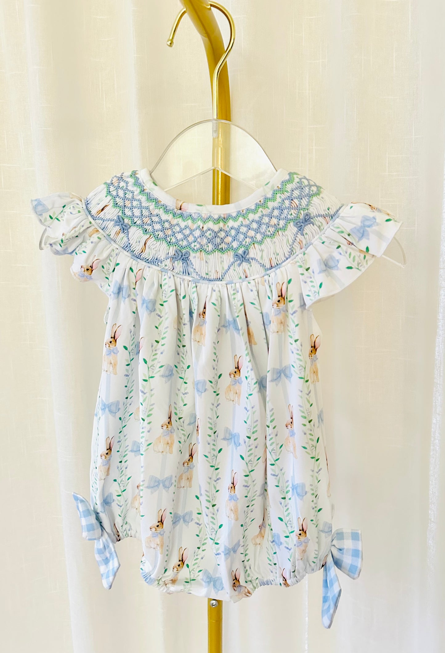 Smocked Bunny and Bow Blue Bubble