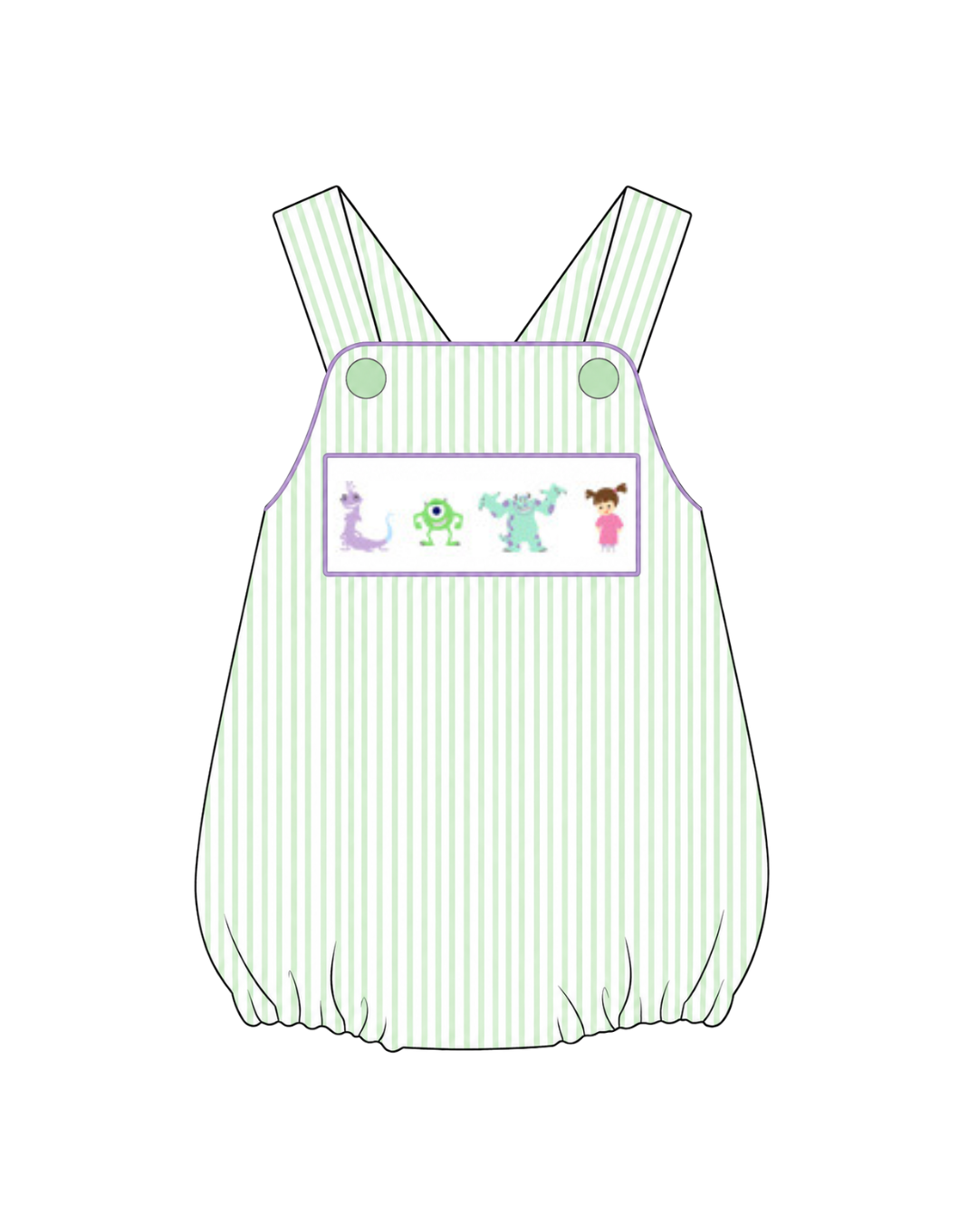 A digital line-art illustration of a baby romper or overall-style one-piece with thin pale green and white vertical stripes, wide shoulder straps, round shoulder snaps, and a rectangular chest patch showing colorful cartoon monsters and a small girl figure.