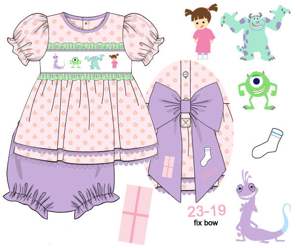 A flat lay of a children's dressmaking kit pattern or matching set on a white background, showing a pink and white polka-dotted dress with lavender smocked details, a large lavender bow, matching lavender pants, a sock, a gift box, and cartoon monster illustrations. Text in the corners references 'R80 matching custom knit-K294' and '23-19 fix bow'.