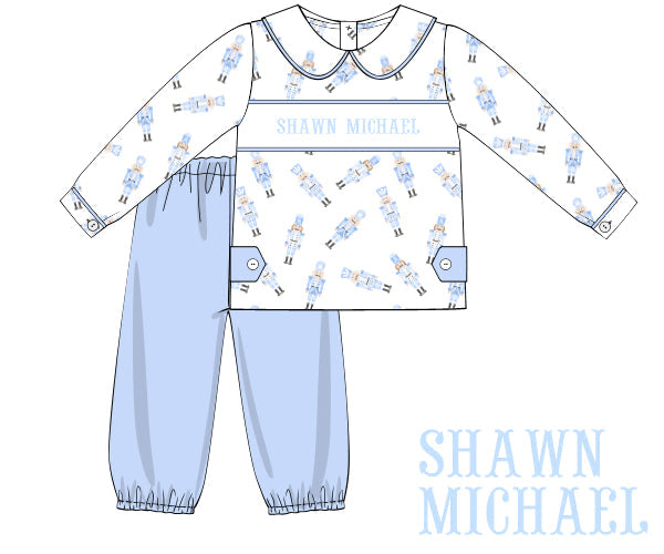 Boys Blue Nutcracker Custom Name Smocked Set