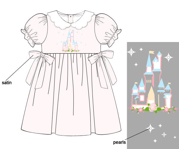 Illustration of a children's dress with castle design and satin details.