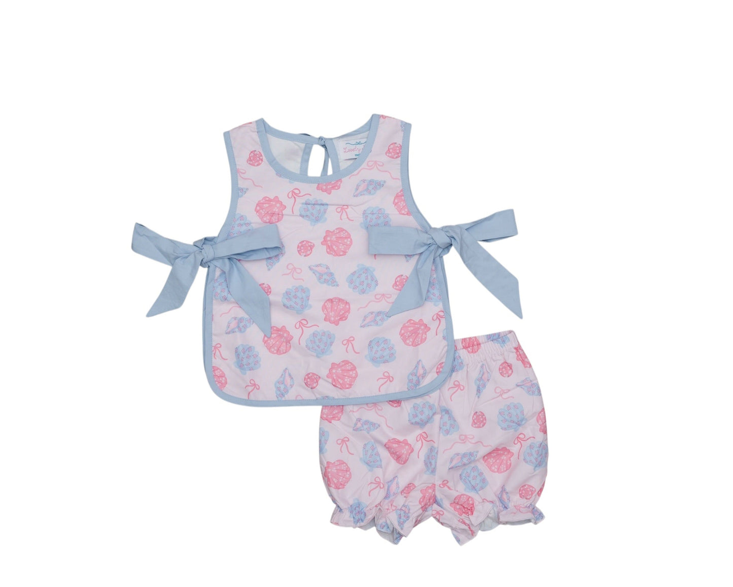 Baby romper set with floral pattern and blue bows on a white background