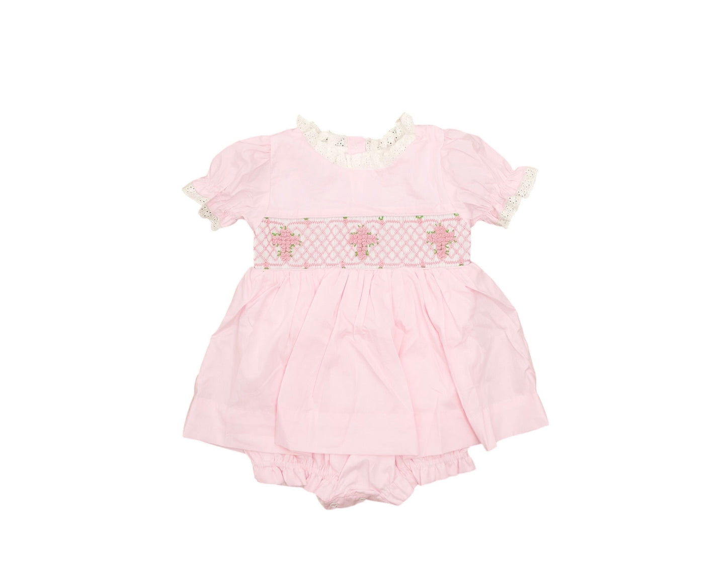 Pink baby romper with floral details on a white background