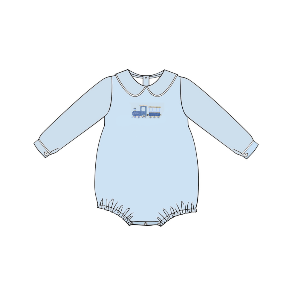 A light blue long-sleeve baby bodysuit with a small blue train graphic on the chest, shown as a clean product illustration on a white background.