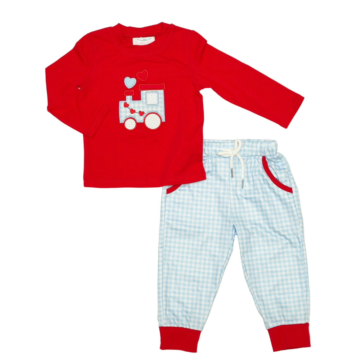 Train valentines appliqué hearts pant set boys