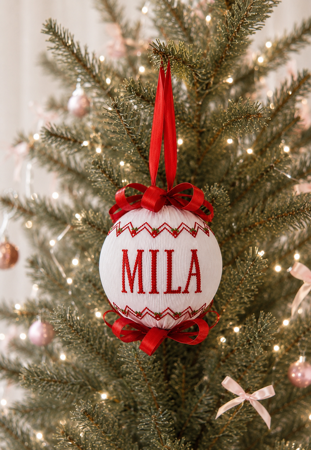 A personalized white Christmas ornament with red lettering reading 'MILA' and red ribbon bows, hanging on a decorated Christmas tree with warm lights.