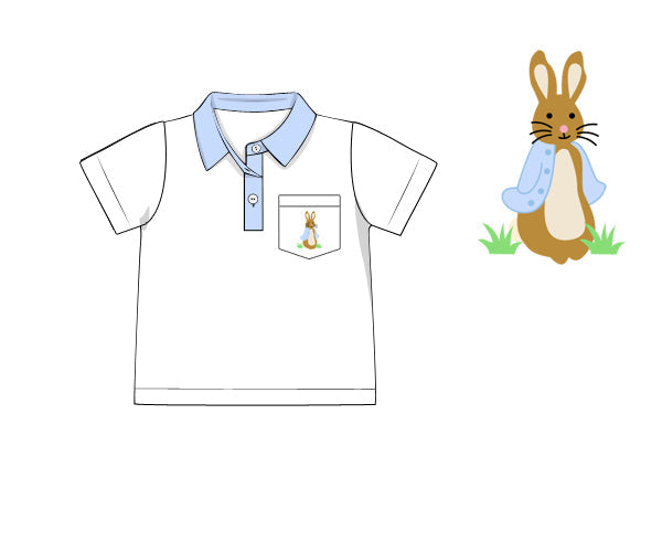 Peter Rabbit boys polo shirt in 95% cotton, 5% spandex knit fabric with hand embroidery and blue collar