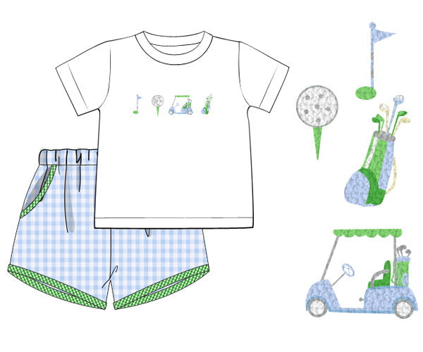 Gingham Golf Set for boys with knit top and 100% cotton shorts, hand smocked with French knot embroidery