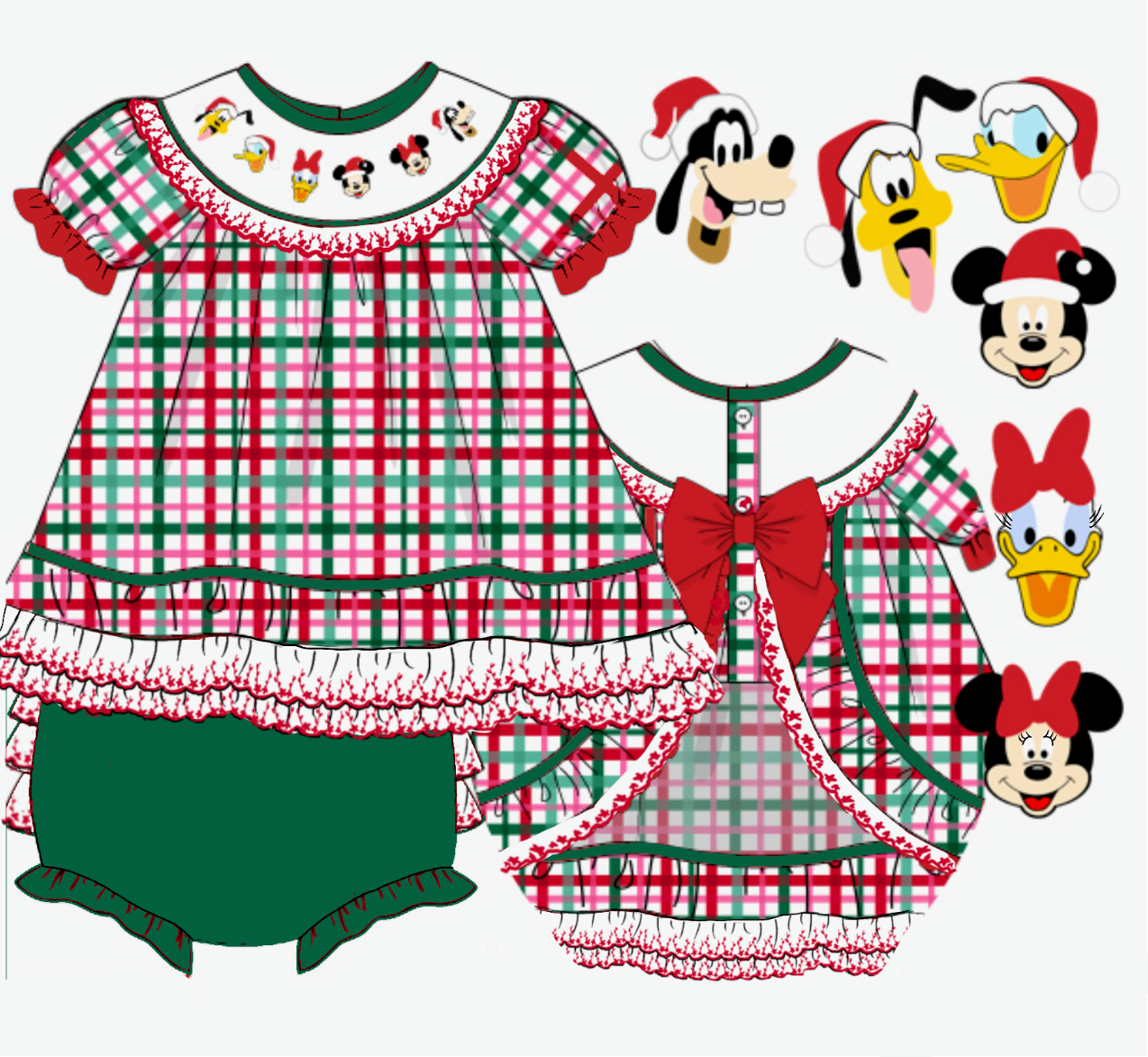 A flat lay product graphic showing two children's holiday-themed dresses with red and green plaid patterns, ruffles, and character faces on the neck, alongside five cartoon character illustrations wearing Santa hats. Text at the bottom reads '2026 0702XK' and 'custom woven'.