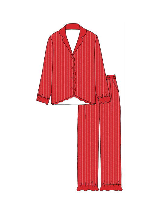 Red & White Striped Women Set Loungewear-Knit