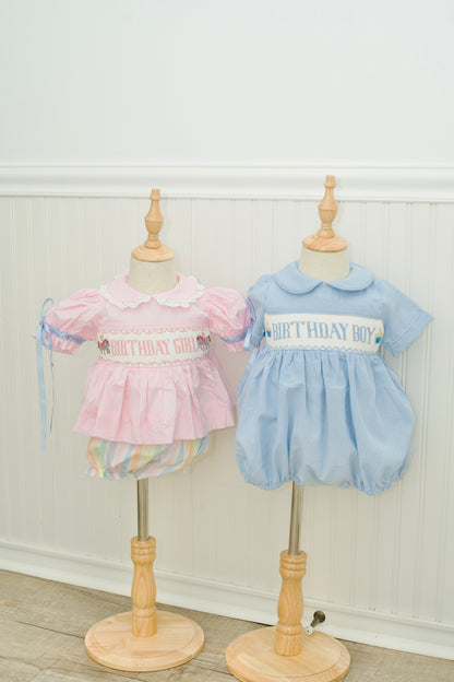 Smocked birthday girl carousel and birthday boy cupcakes for birthday 100% cotton 