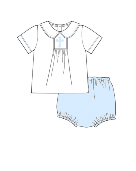 Blue Smocked Cross Boys Diaper Set