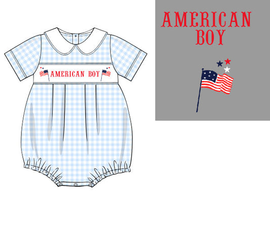 95% cotton, 5% spandex American Boy Bubble with hand-smocked patriotic red, white & blue design. Classic heirloom style for summer celebrations.