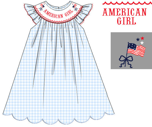 95% cotton, 5% spandex American Girl Dress with hand-smocked patriotic red, white & blue design. Classic heirloom style, perfect for summer celebrations.