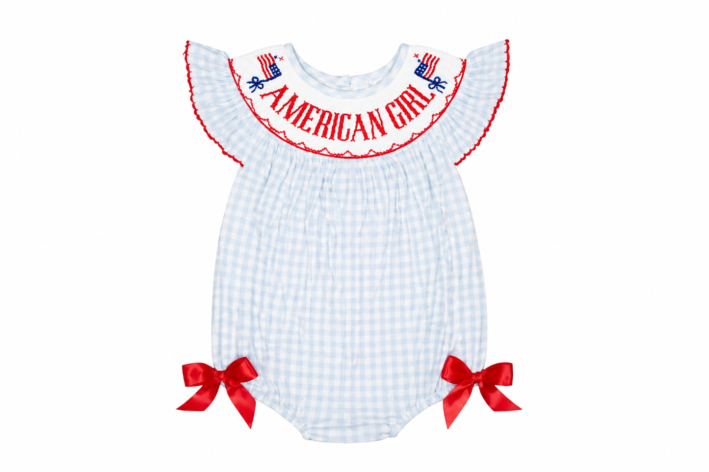 White checkered baby romper with red accents and 'American Girl' text on a white background