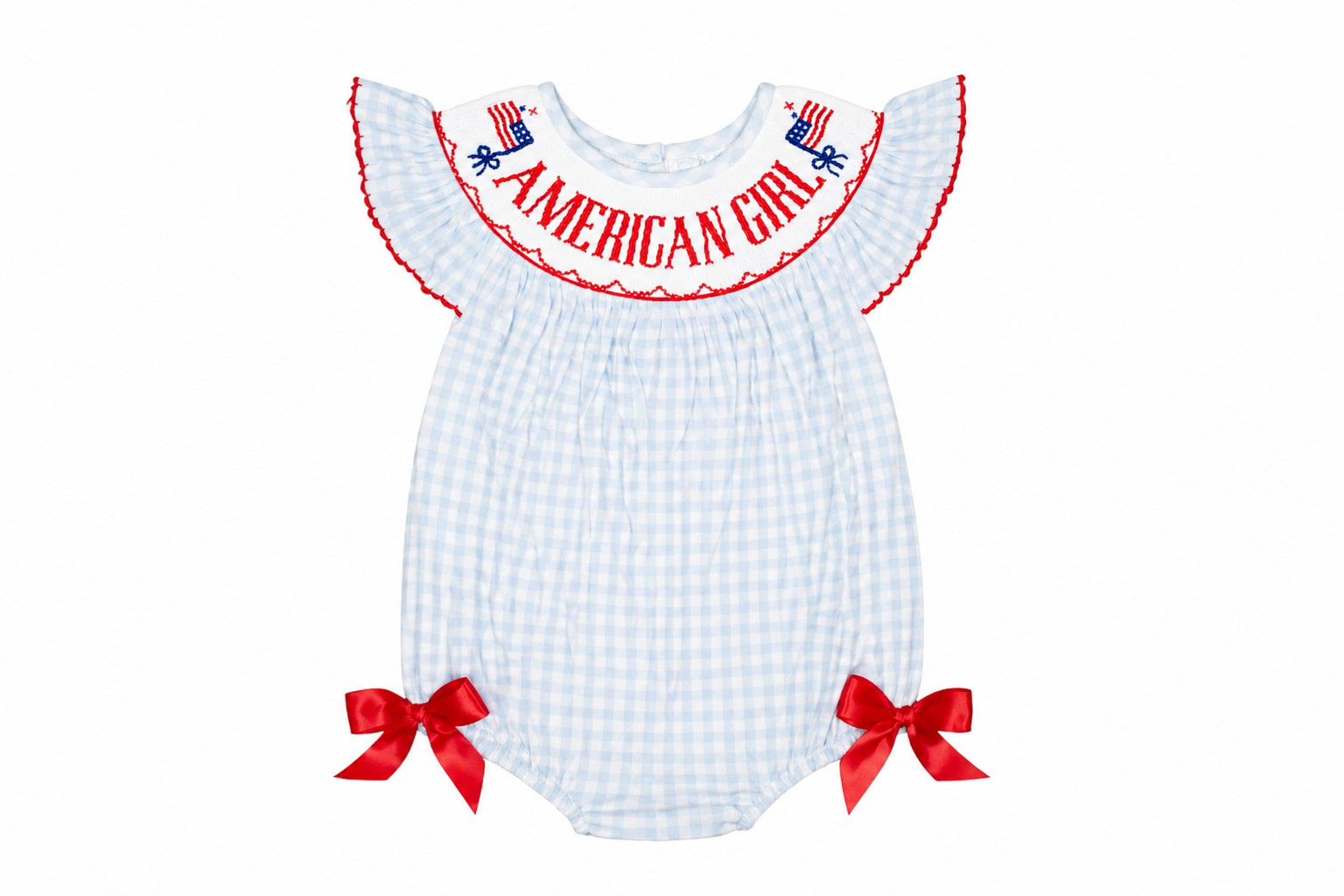 White checkered baby romper with red accents and 'American Girl' text on a white background