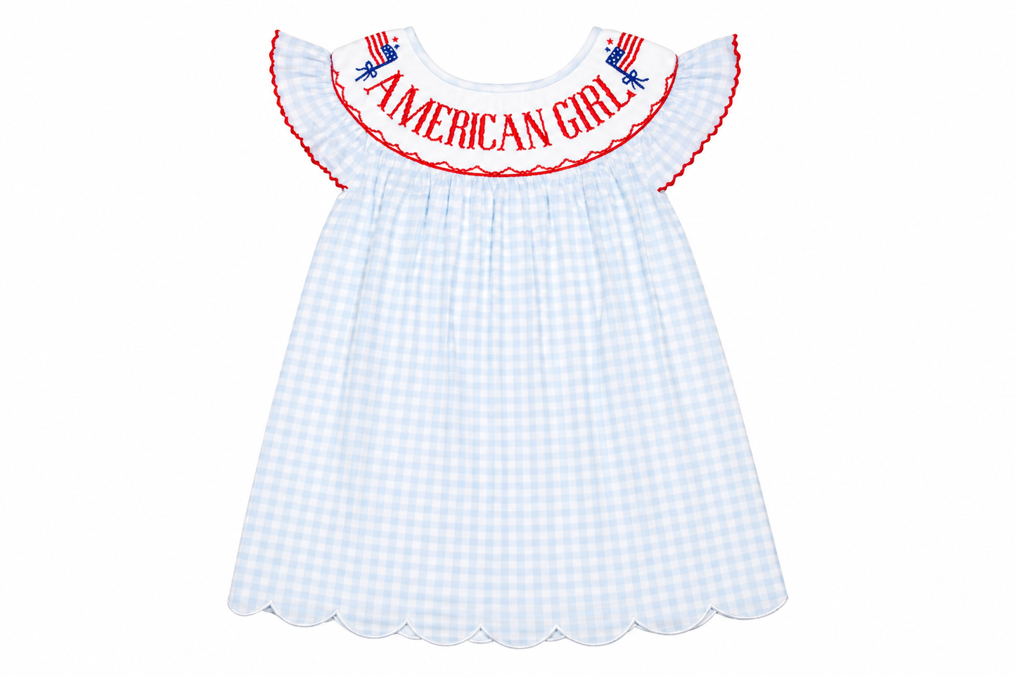 White checkered dress with 'American Girl' embroidery on a white background