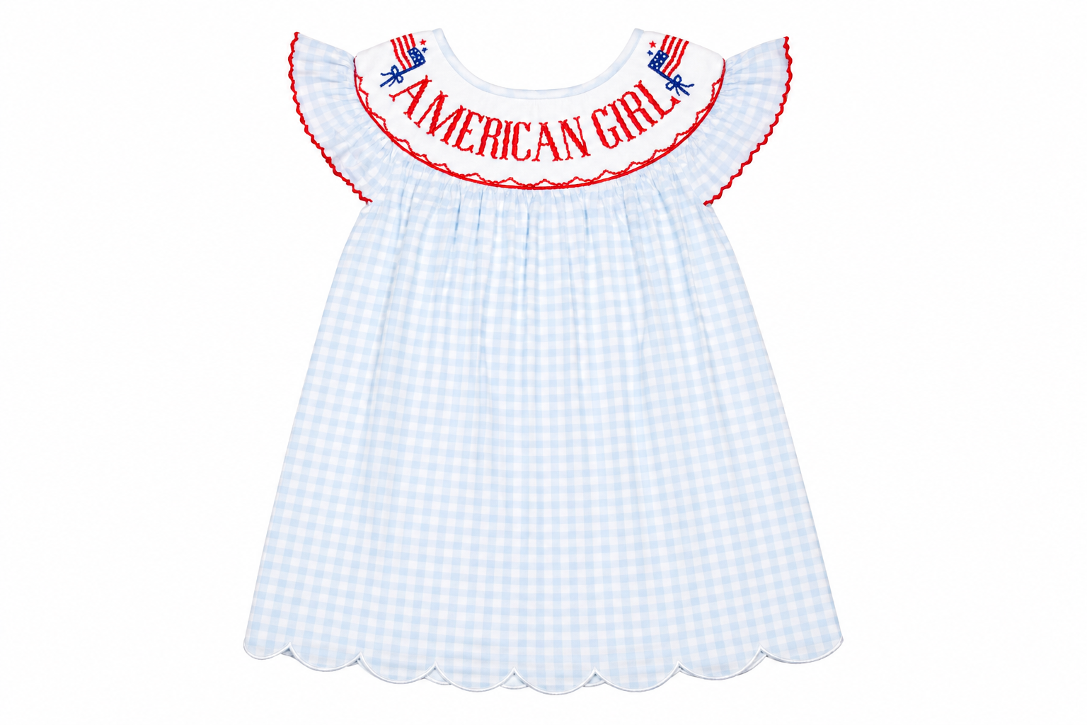 White checkered dress with 'American Girl' embroidery on a white background