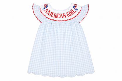 White checkered dress with 'American Girl' embroidery on a white background
