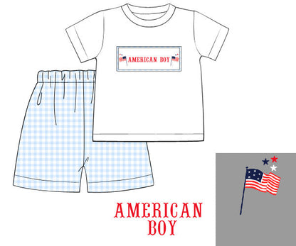 Children's t-shirt and shorts set with 'American Boy' text and flag design.