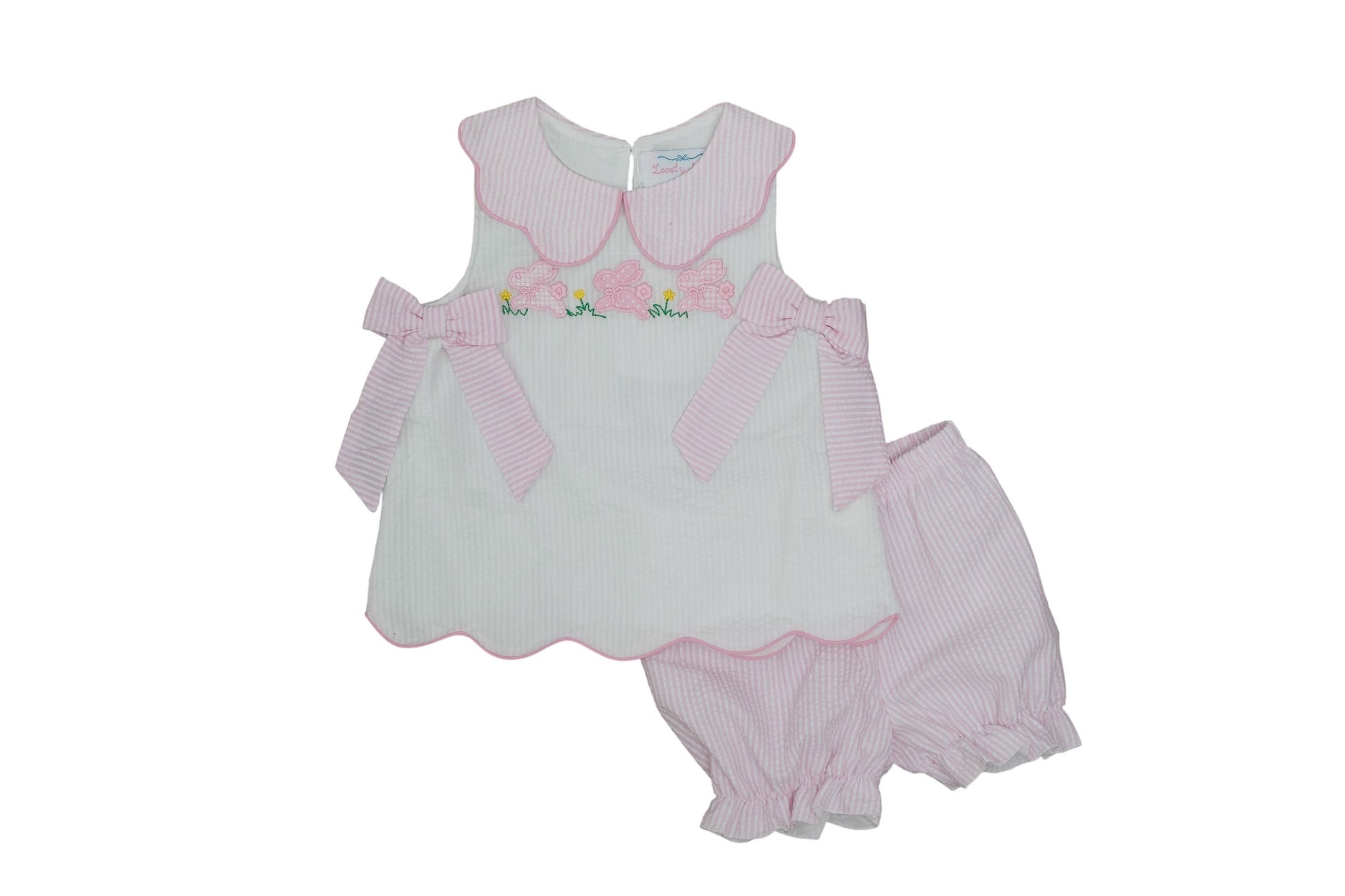 Baby girl's outfit with dress and bloomers on a white background