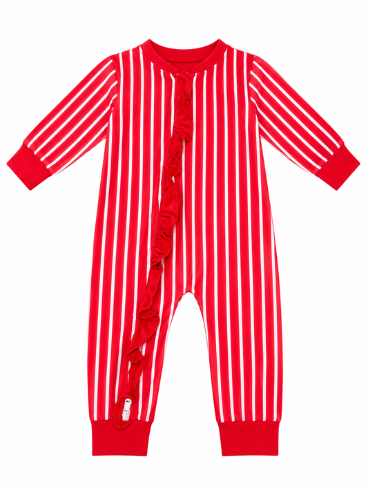 Red & White Striped Knit Ruffle Zipper Pajamas