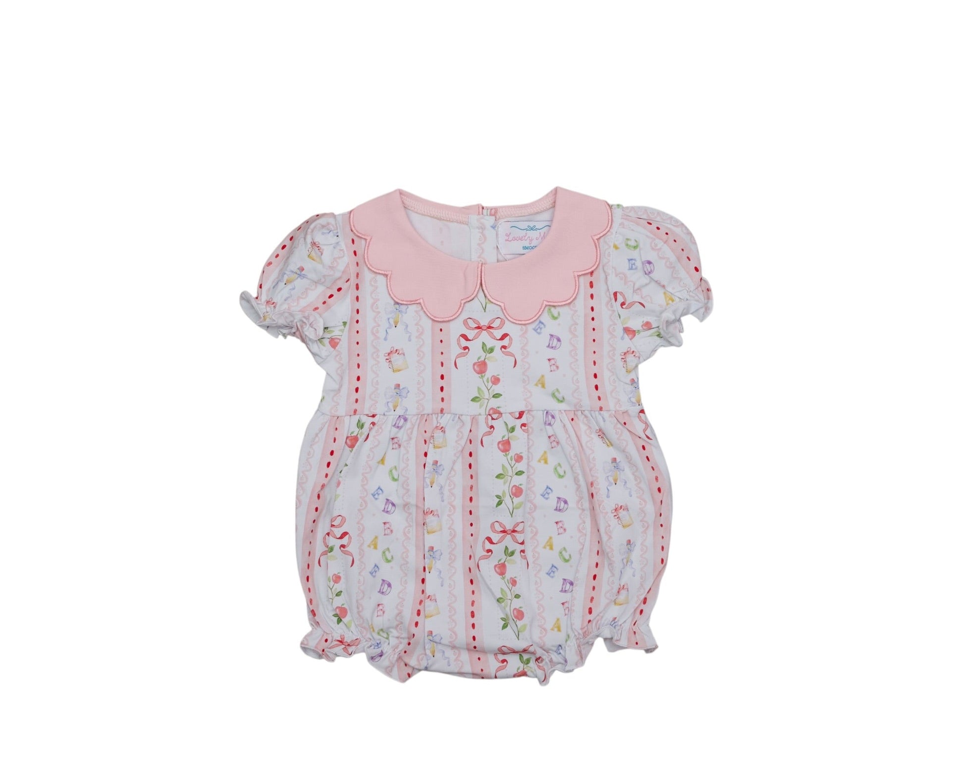Baby romper with floral pattern and pink collar on a white background