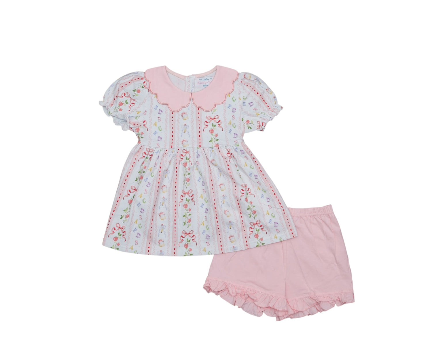 Baby dress and shorts set with floral pattern on a white background
