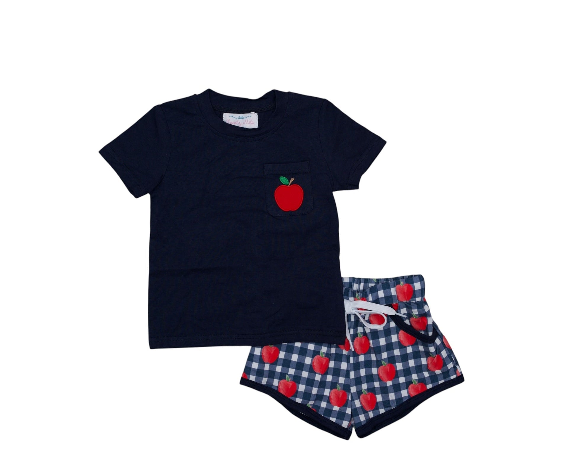 Children's navy t-shirt with red apple design and matching shorts on a white background