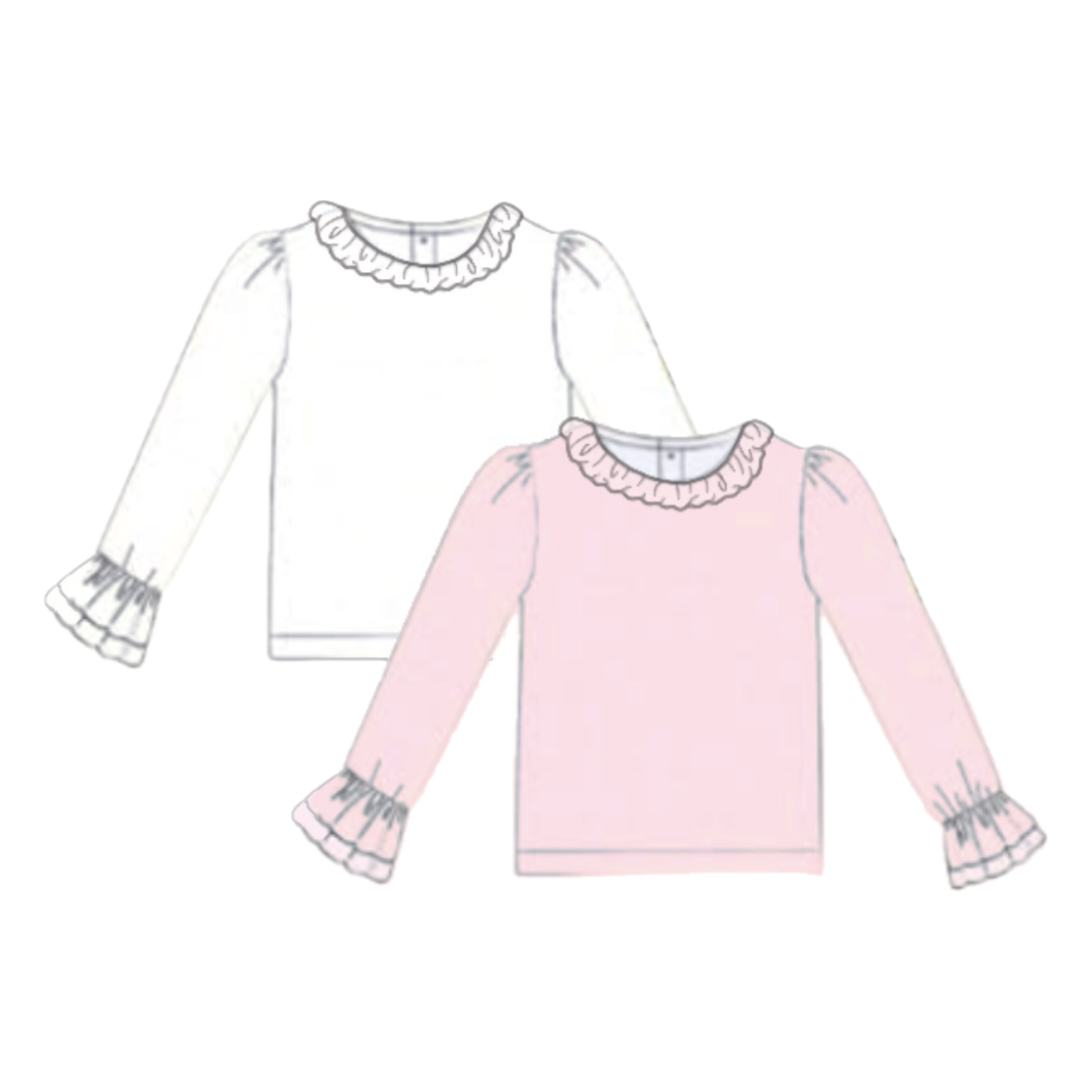 A line-art illustration of two long-sleeve children's tops with ruffled trim at the crew neck and cuffs, shown in white and light pink on a plain white background.