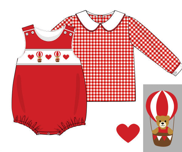 A flat design sheet showing two children's tops or romper-style garments: one solid red with a white chest panel and hot air balloon/heart motifs, and one red-and-white gingham long-sleeve top with a white Peter Pan collar. A small inset shows a teddy bear in a red-and-white hot air balloon.