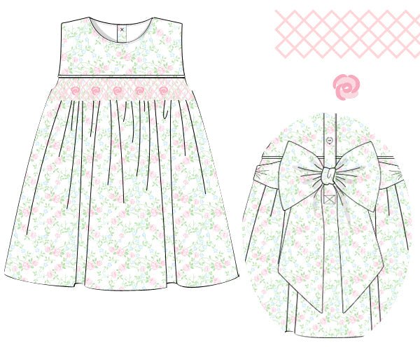 Children's dress pattern with floral design on a white background