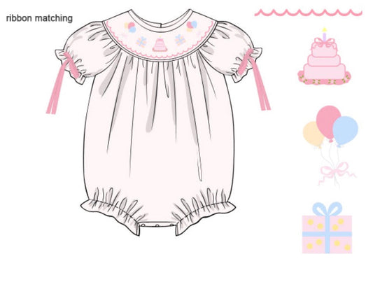 Baby romper with embroidered details and ribbon matching icons on a white background