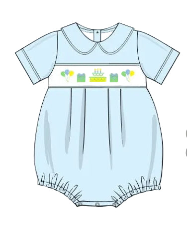 Blue baby romper with birthday-themed design on a white background