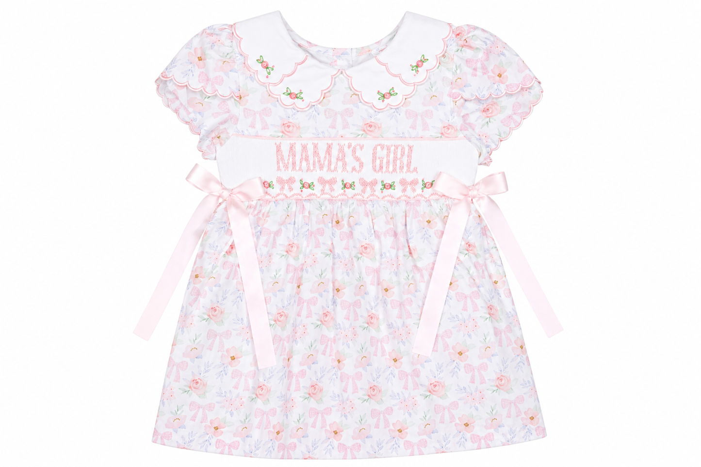 Baby dress with 'Mama's Girl' text and floral pattern on a white background