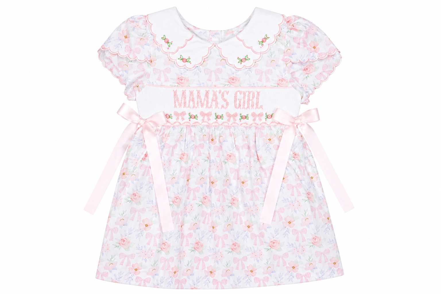 Baby dress with 'Mama's Girl' text and floral pattern on a white background