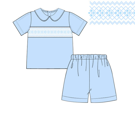 Hand-smocked boys’ short set in 100% cotton, classic blue heirloom style. Perfect for special occasions, portraits, and Mother’s Day.